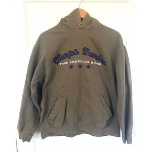 Chaps Denim Mens Fleece Pullover Hoodie Embroidered Logo Pockets Tan/Gray Large